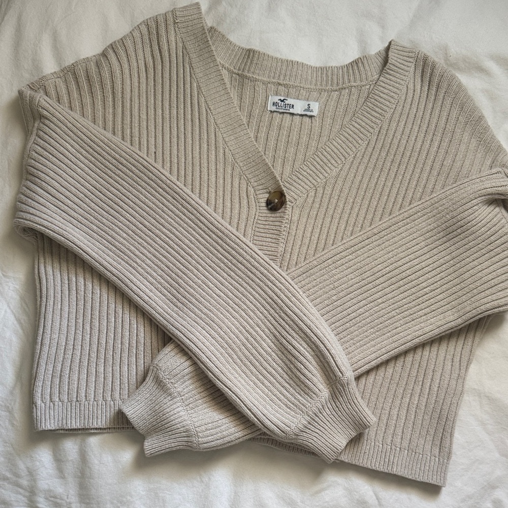 Hollister Ribbed V-Neck Button Cardigan Sweater - Light Beige
